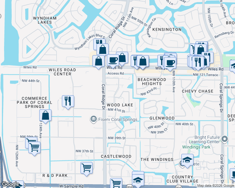 map of restaurants, bars, coffee shops, grocery stores, and more near 11443 Northwest 43rd Street in Coral Springs