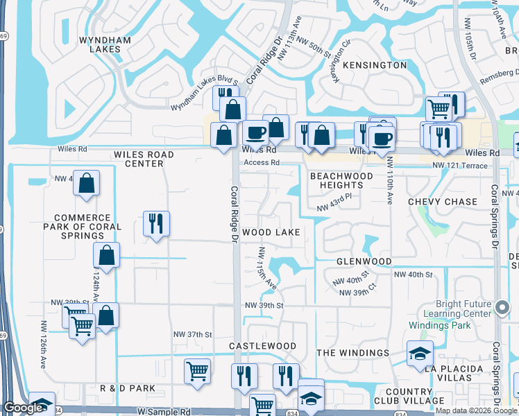 map of restaurants, bars, coffee shops, grocery stores, and more near 11552 Northwest 43rd Court in Coral Springs