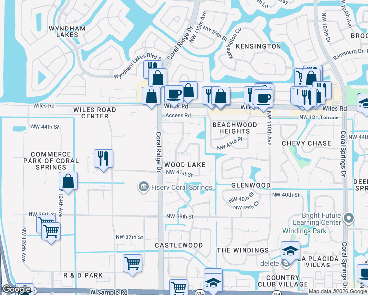 map of restaurants, bars, coffee shops, grocery stores, and more near 11443 Northwest 43rd Street in Coral Springs