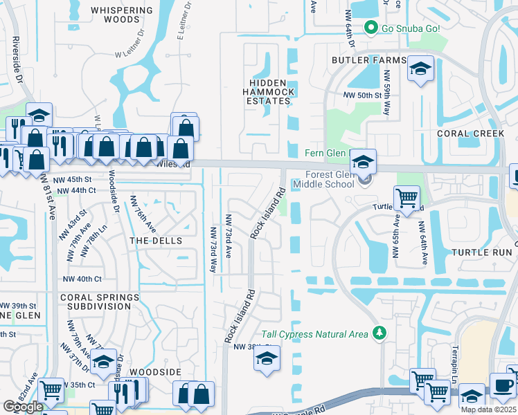 map of restaurants, bars, coffee shops, grocery stores, and more near 4303 Northwest 71st Drive in Coral Springs