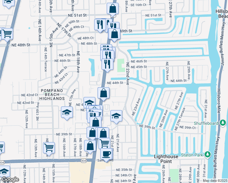 map of restaurants, bars, coffee shops, grocery stores, and more near 2132 Northeast 44th Street in Lighthouse Point
