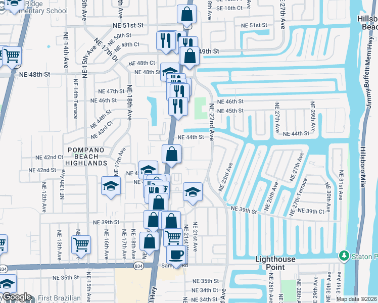map of restaurants, bars, coffee shops, grocery stores, and more near 2115 Northeast 42nd Court in Lighthouse Point