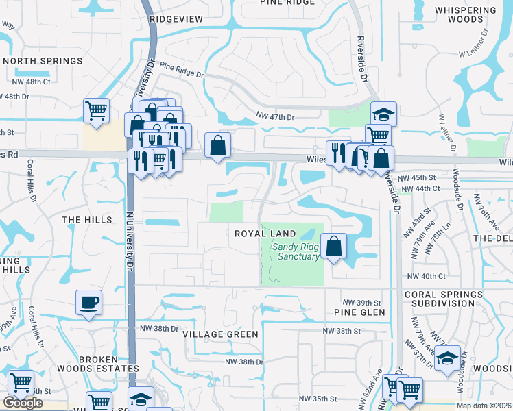 map of restaurants, bars, coffee shops, grocery stores, and more near 8805 Northwest 44th Court in Coral Springs