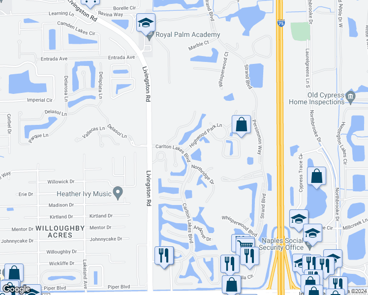 map of restaurants, bars, coffee shops, grocery stores, and more near 6001 Highwood Park Lane in Naples