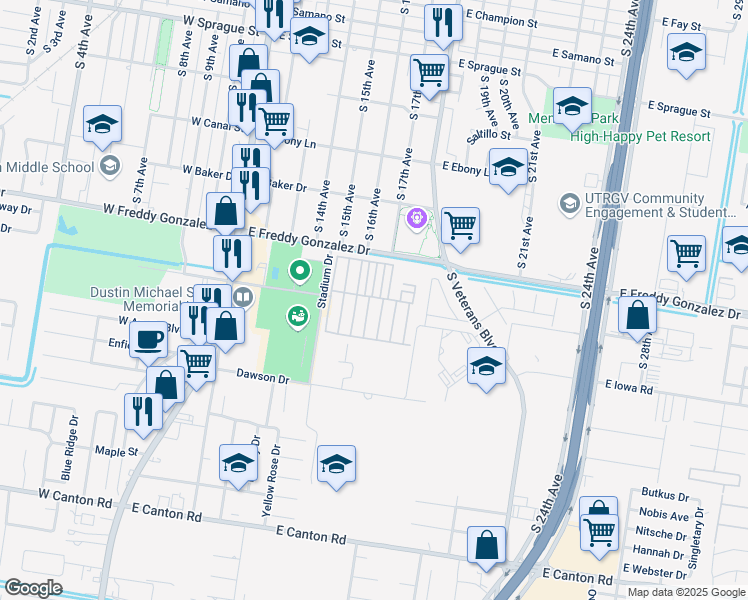 map of restaurants, bars, coffee shops, grocery stores, and more near 1616 Peach Street in Edinburg