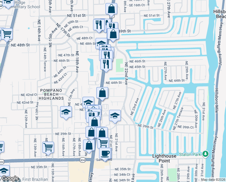 map of restaurants, bars, coffee shops, grocery stores, and more near 2131 Northeast 42nd Court in Lighthouse Point
