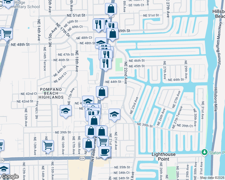 map of restaurants, bars, coffee shops, grocery stores, and more near 2132 Northeast 44th Street in Lighthouse Point
