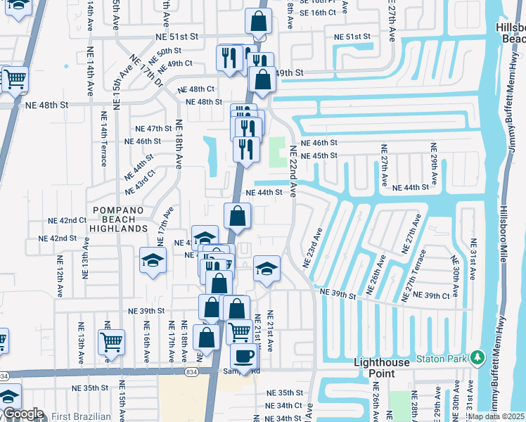 map of restaurants, bars, coffee shops, grocery stores, and more near 2132 Northeast 44th Street in Lighthouse Point