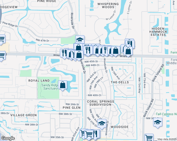 map of restaurants, bars, coffee shops, grocery stores, and more near 4381 Northwest 81st Avenue in Coral Springs