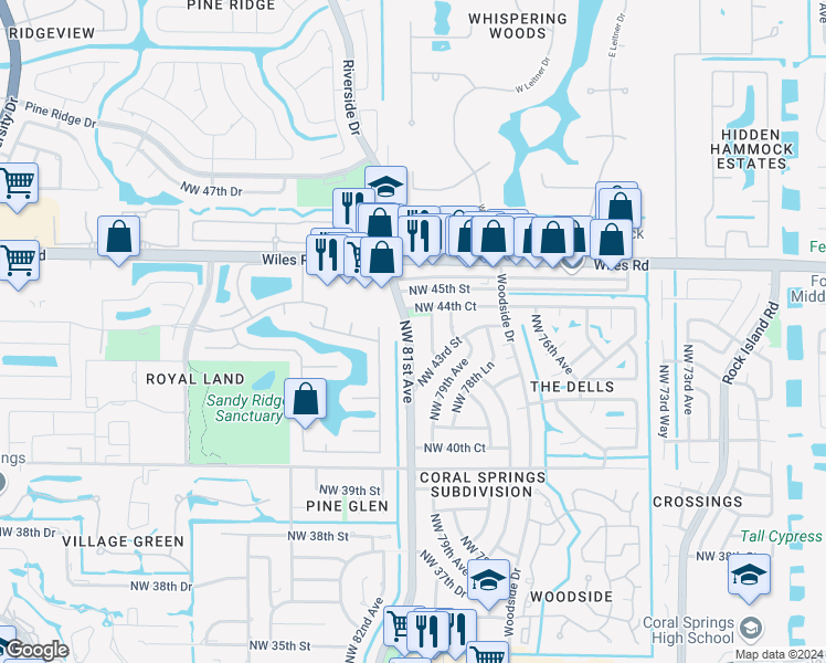 map of restaurants, bars, coffee shops, grocery stores, and more near 4381 Northwest 81st Avenue in Coral Springs