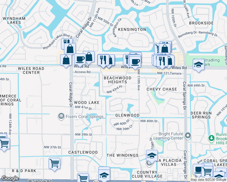 map of restaurants, bars, coffee shops, grocery stores, and more near 11292 Northwest 44th Street in Coral Springs