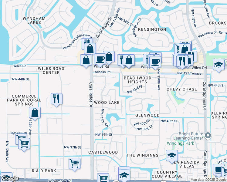 map of restaurants, bars, coffee shops, grocery stores, and more near 11443 Northwest 43rd Street in Coral Springs