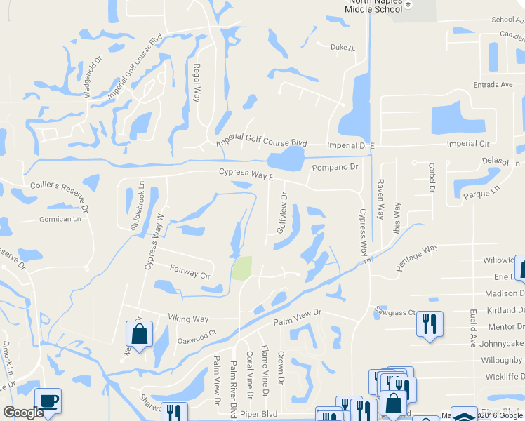 map of restaurants, bars, coffee shops, grocery stores, and more near 451 Palm River Boulevard in Naples