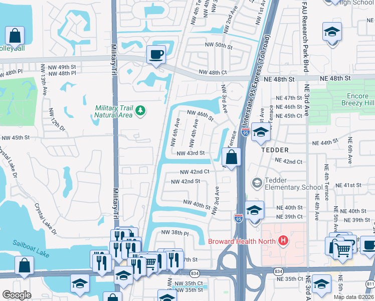 map of restaurants, bars, coffee shops, grocery stores, and more near 401 Northwest 43rd Street in Pompano Beach