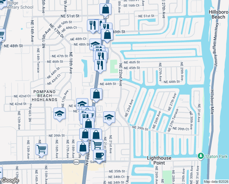 map of restaurants, bars, coffee shops, grocery stores, and more near 2151 Northeast 42nd Court in Lighthouse Point