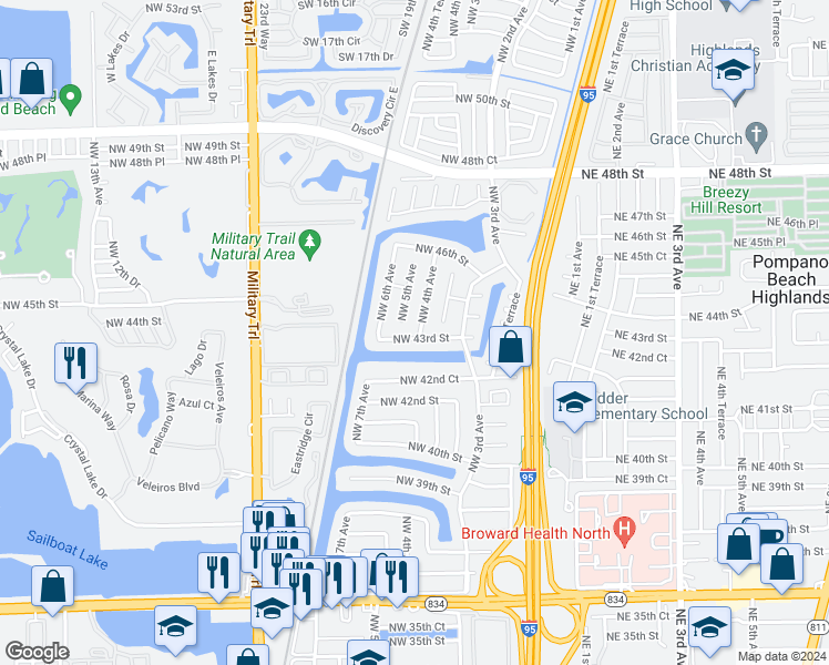 map of restaurants, bars, coffee shops, grocery stores, and more near 401 Northwest 43rd Street in Pompano Beach