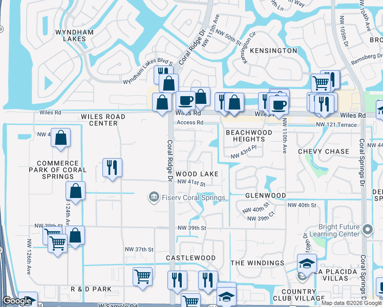 map of restaurants, bars, coffee shops, grocery stores, and more near 11552 Northwest 43rd Court in Coral Springs