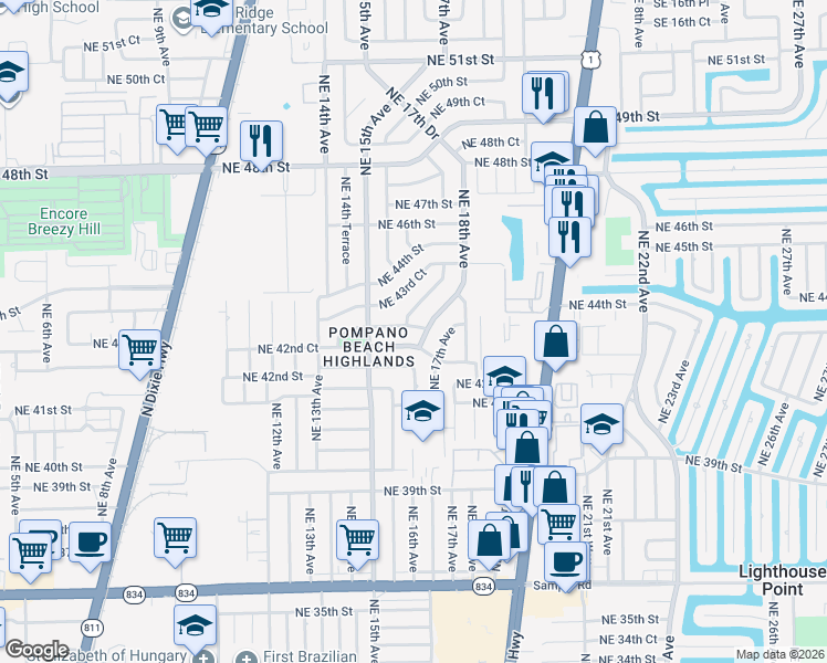 map of restaurants, bars, coffee shops, grocery stores, and more near 1560 Northeast 43rd Street in Pompano Beach