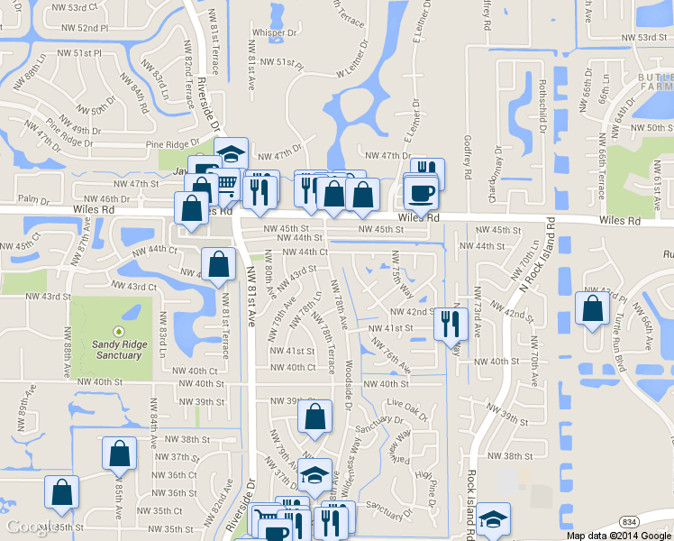 map of restaurants, bars, coffee shops, grocery stores, and more near 4324 Northwest 76th Avenue in Coral Springs