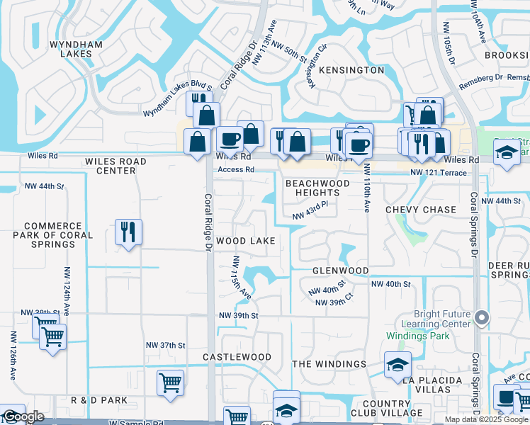 map of restaurants, bars, coffee shops, grocery stores, and more near 4356 Northwest 113th Terrace in Coral Springs