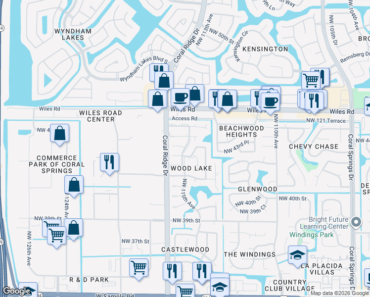 map of restaurants, bars, coffee shops, grocery stores, and more near 11552 Northwest 43rd Court in Coral Springs