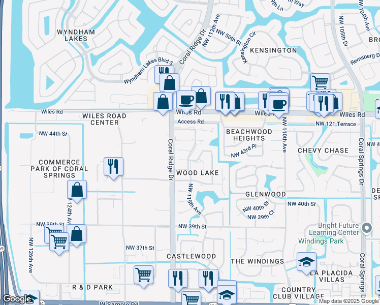map of restaurants, bars, coffee shops, grocery stores, and more near 11552 Northwest 43rd Court in Coral Springs