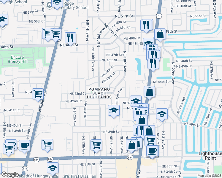 map of restaurants, bars, coffee shops, grocery stores, and more near 1560 Northeast 43rd Street in Pompano Beach