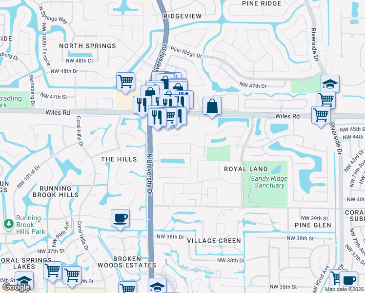 map of restaurants, bars, coffee shops, grocery stores, and more near 9130 Northwest 44th Court in Coral Springs