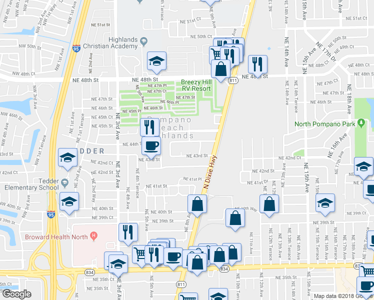 map of restaurants, bars, coffee shops, grocery stores, and more near 4311 Northeast 7th Terrace in Pompano Beach