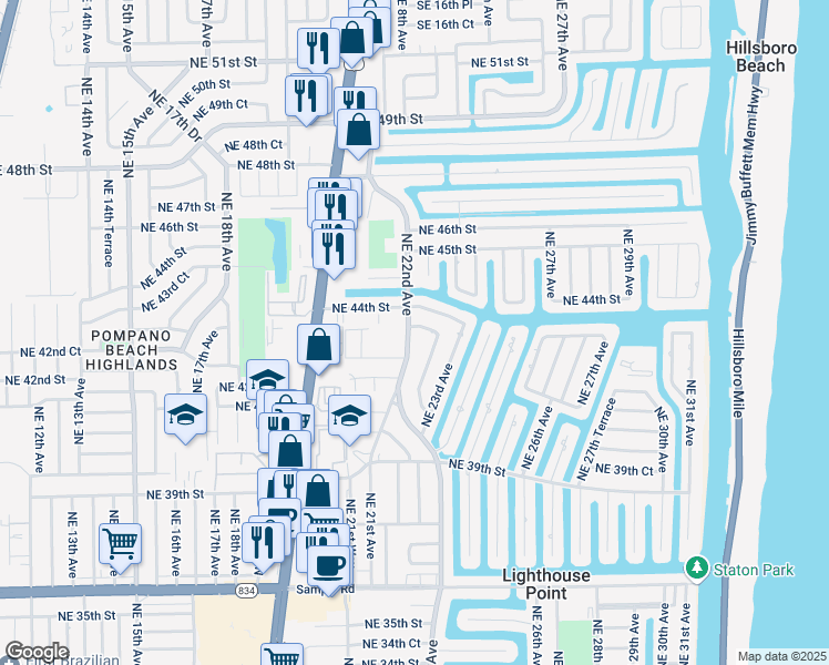 map of restaurants, bars, coffee shops, grocery stores, and more near 4260 Northeast 22nd Avenue in Lighthouse Point