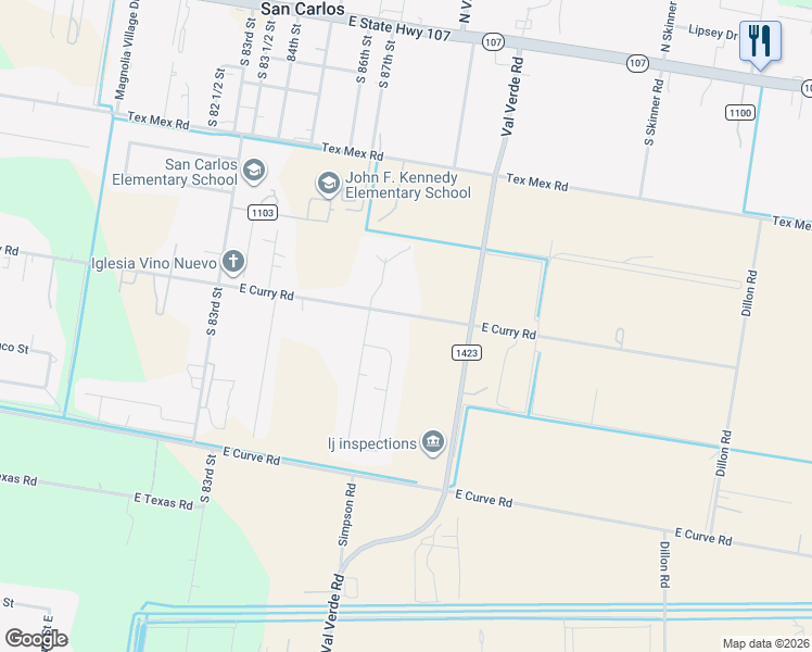 map of restaurants, bars, coffee shops, grocery stores, and more near 905 South Val Verde Road in Edinburg