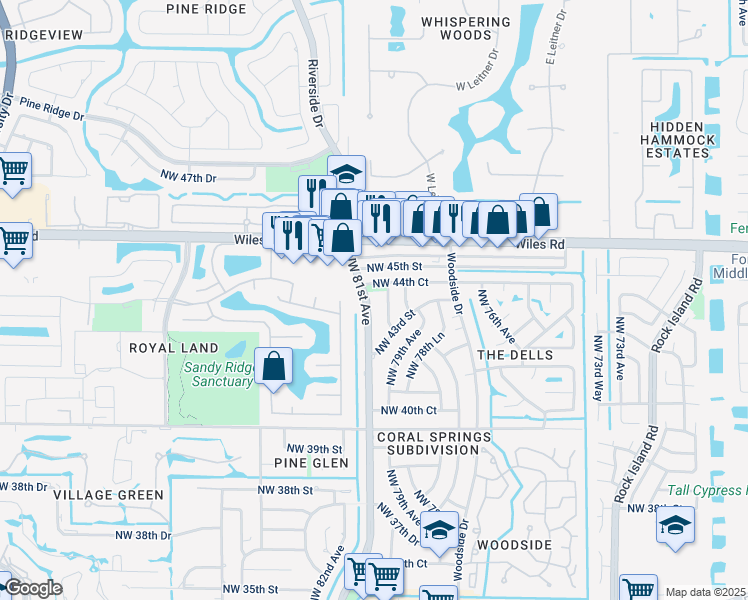 map of restaurants, bars, coffee shops, grocery stores, and more near 4381 Northwest 81st Avenue in Coral Springs