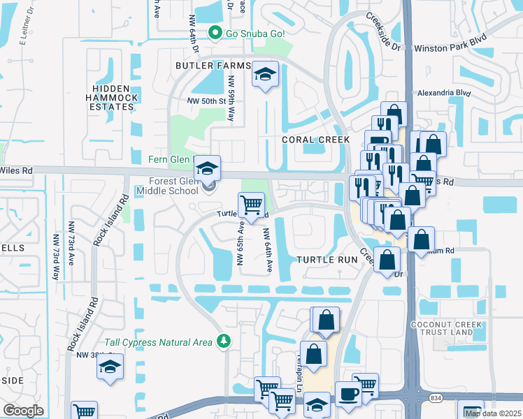 map of restaurants, bars, coffee shops, grocery stores, and more near 6400 Wiles Road in Coral Springs