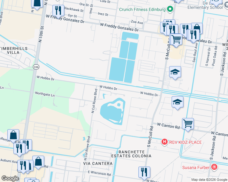 map of restaurants, bars, coffee shops, grocery stores, and more near 3508 Plazas Del Lago Drive in Edinburg