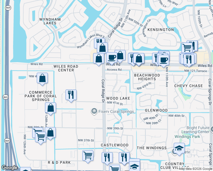 map of restaurants, bars, coffee shops, grocery stores, and more near 11552 Northwest 43rd Court in Coral Springs
