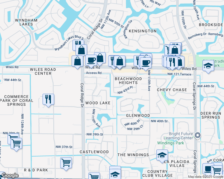 map of restaurants, bars, coffee shops, grocery stores, and more near 4356 Northwest 113th Terrace in Coral Springs