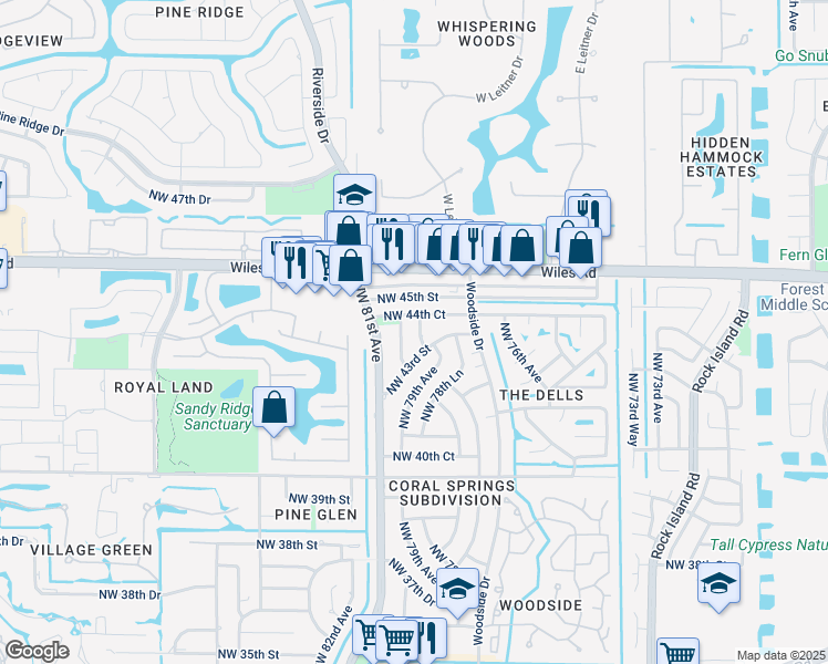 map of restaurants, bars, coffee shops, grocery stores, and more near 4370 Northwest 79th Terrace in Coral Springs