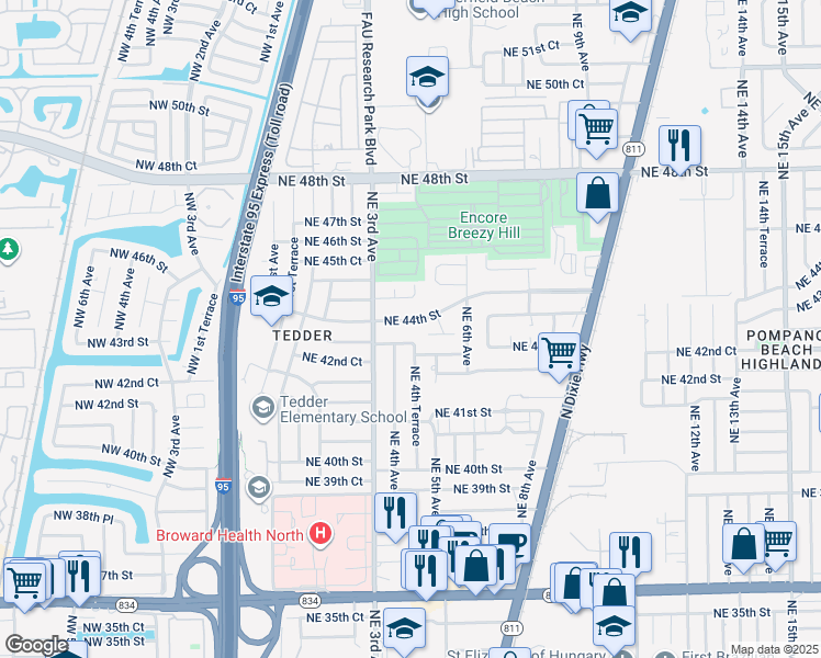 map of restaurants, bars, coffee shops, grocery stores, and more near 404 Northeast 44th Street in Pompano Beach