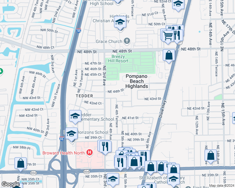 map of restaurants, bars, coffee shops, grocery stores, and more near 404 Northeast 44th Street in Pompano Beach