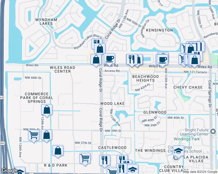 map of restaurants, bars, coffee shops, grocery stores, and more near 11552 Northwest 43rd Court in Coral Springs