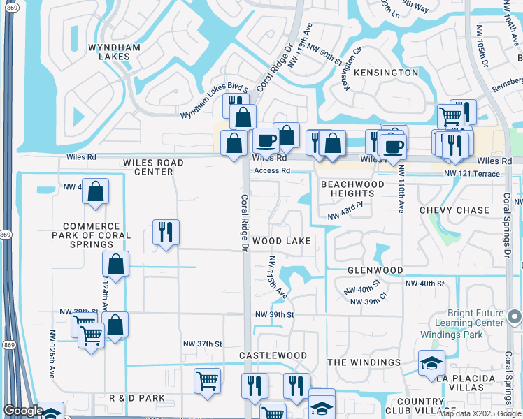 map of restaurants, bars, coffee shops, grocery stores, and more near 11552 Northwest 43rd Court in Coral Springs