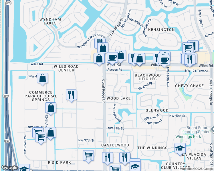map of restaurants, bars, coffee shops, grocery stores, and more near 11552 Northwest 43rd Court in Coral Springs