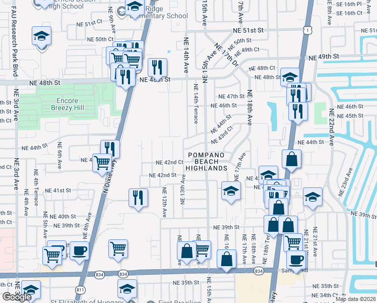 map of restaurants, bars, coffee shops, grocery stores, and more near 1320 Northeast 43rd Court in Pompano Beach