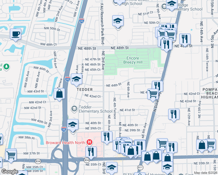 map of restaurants, bars, coffee shops, grocery stores, and more near 404 Northeast 44th Street in Pompano Beach