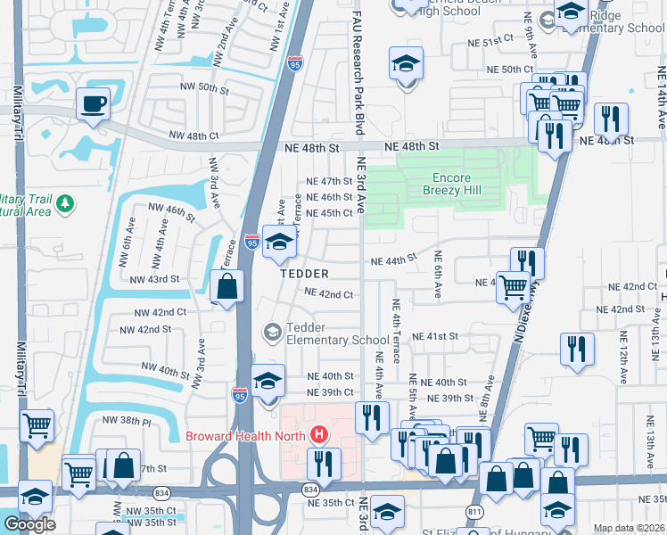 map of restaurants, bars, coffee shops, grocery stores, and more near 248 Northeast 44th Street in Pompano Beach