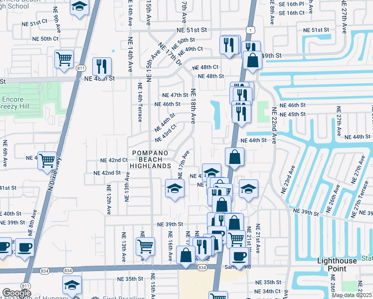 map of restaurants, bars, coffee shops, grocery stores, and more near 4261 Northeast 17th Avenue in Pompano Beach