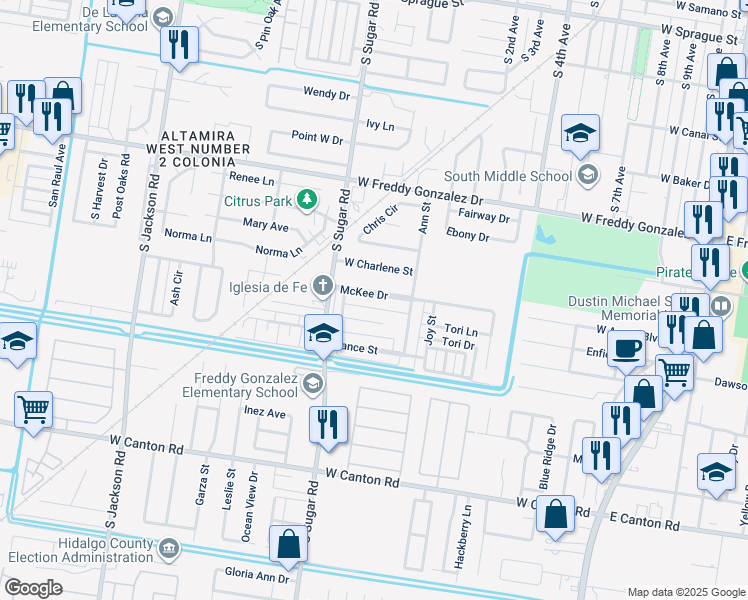 map of restaurants, bars, coffee shops, grocery stores, and more near 1414 McKee Drive in Edinburg