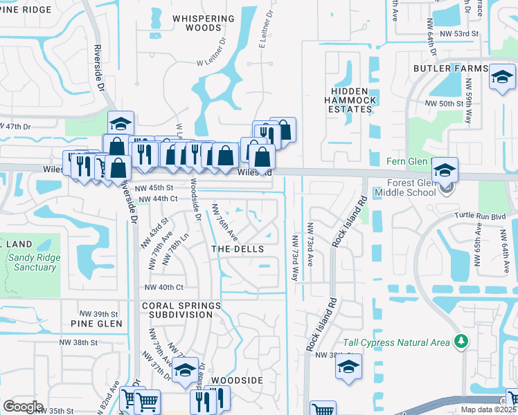 map of restaurants, bars, coffee shops, grocery stores, and more near 4404 Northwest 75th Terrace in Coral Springs