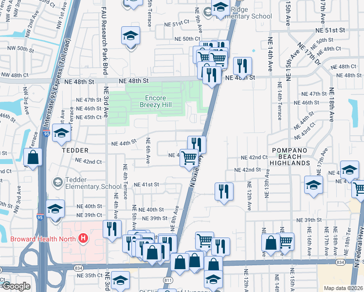 map of restaurants, bars, coffee shops, grocery stores, and more near 4311 Northeast 7th Terrace in Pompano Beach