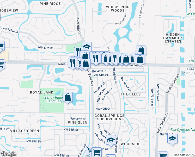map of restaurants, bars, coffee shops, grocery stores, and more near 4370 Northwest 79th Terrace in Coral Springs